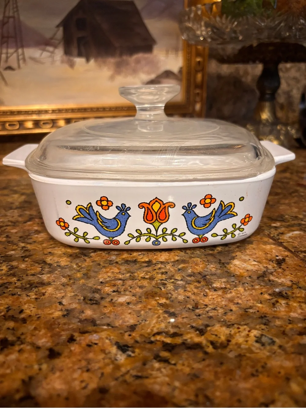 Vintage 1975 Corning Ware Country Festival Blue Bird Casserole Dish w/ Glass Lid